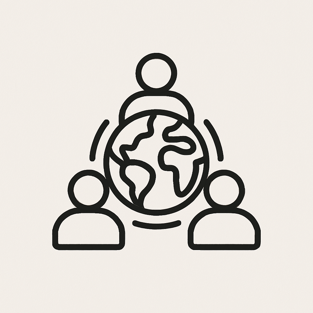 Logo with a globe in the center and three people around it